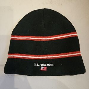 U.S. Polo Assn Youth Knit Beanie Hat Black Red White Striped Logo Winter Cap